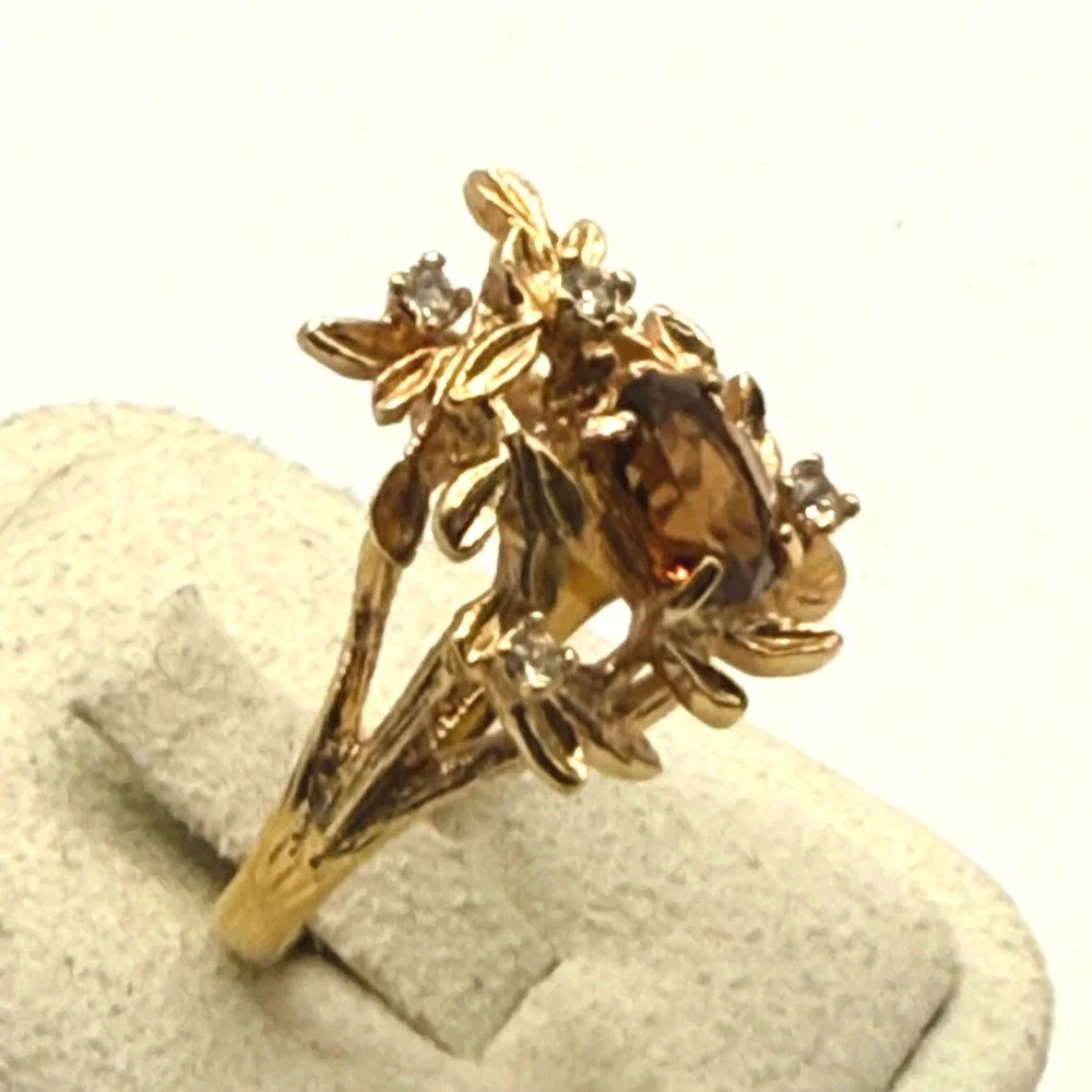 Vintage Gold Electroplated Smoky Topaz Glass Floral Ring Size 6 18K GHE